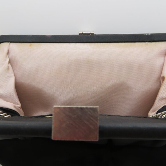 Vintage Handheld Clutch Chain Strap Black Satin Purse Bag Frame Evening Silver - Picture 9 of 12